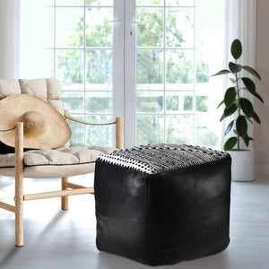 Stuffed Genuine Black Leather and Berber Wool Square Ottoman Moroccan design Ottoman Eclectic Bohemian Footrest Vintage Look