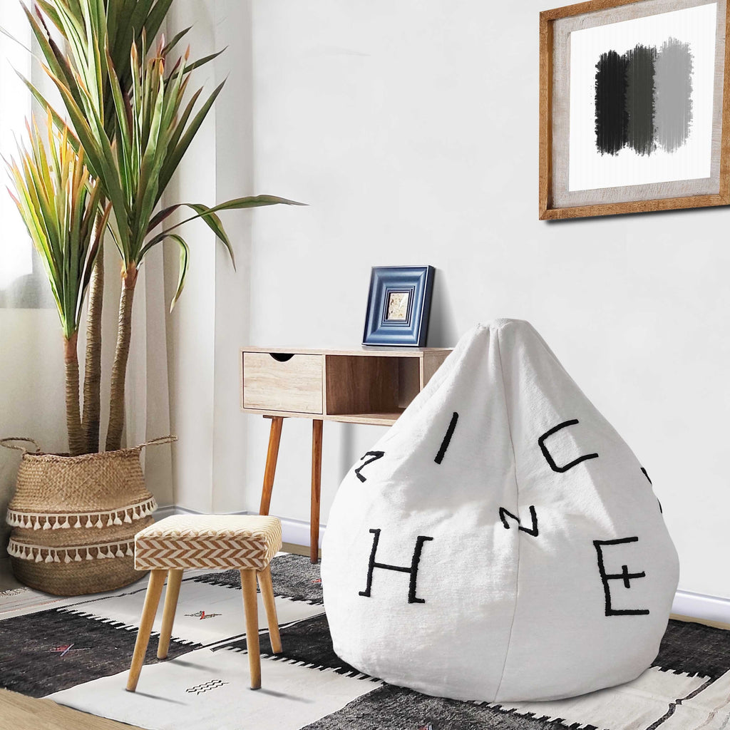 Egyptian White & Black Embroidered  Cotton Handmade Beanbag chair Moroccan design