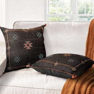 20” Handmade Pillowcase Black Cactus Sabra Silk Boho Moroccan design Bohemian Rustic Black Eclectic Retro Handcrafted Cushions